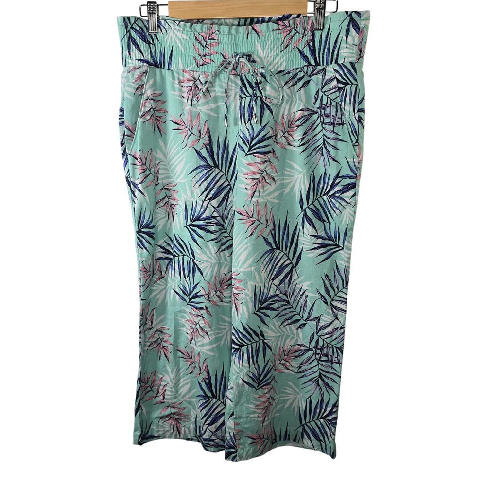 Land' n Sea Linen Blend Wide Leg Crop Bay Leaf Print Pants Size Medium